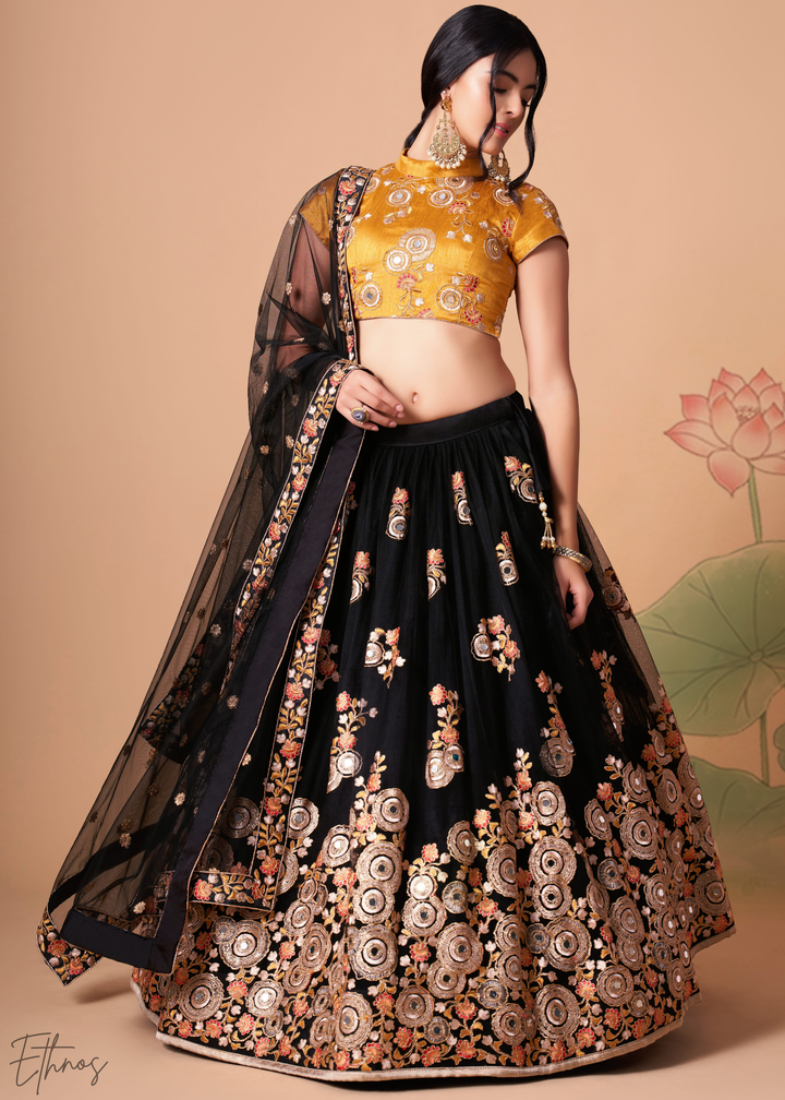Black Opulent Floral Mirror Net Lehenga