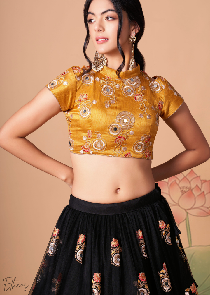 Black Opulent Floral Mirror Net Lehenga
