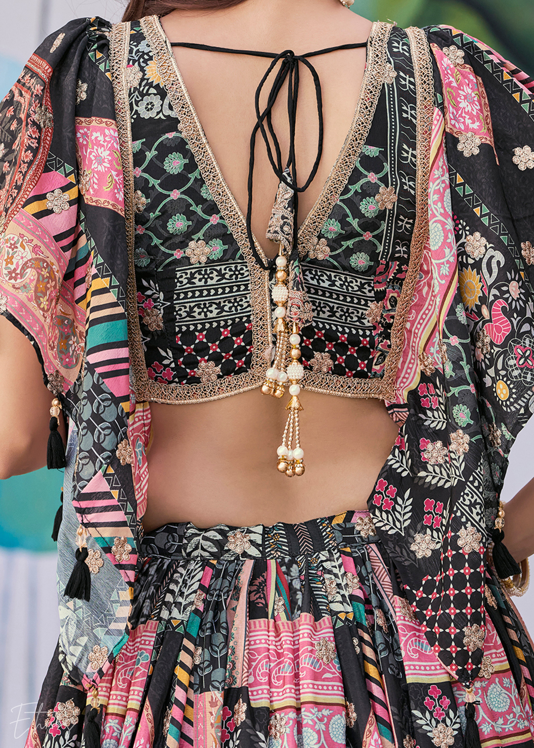 Black Printed Embroidered Chinon Silk Lehenga