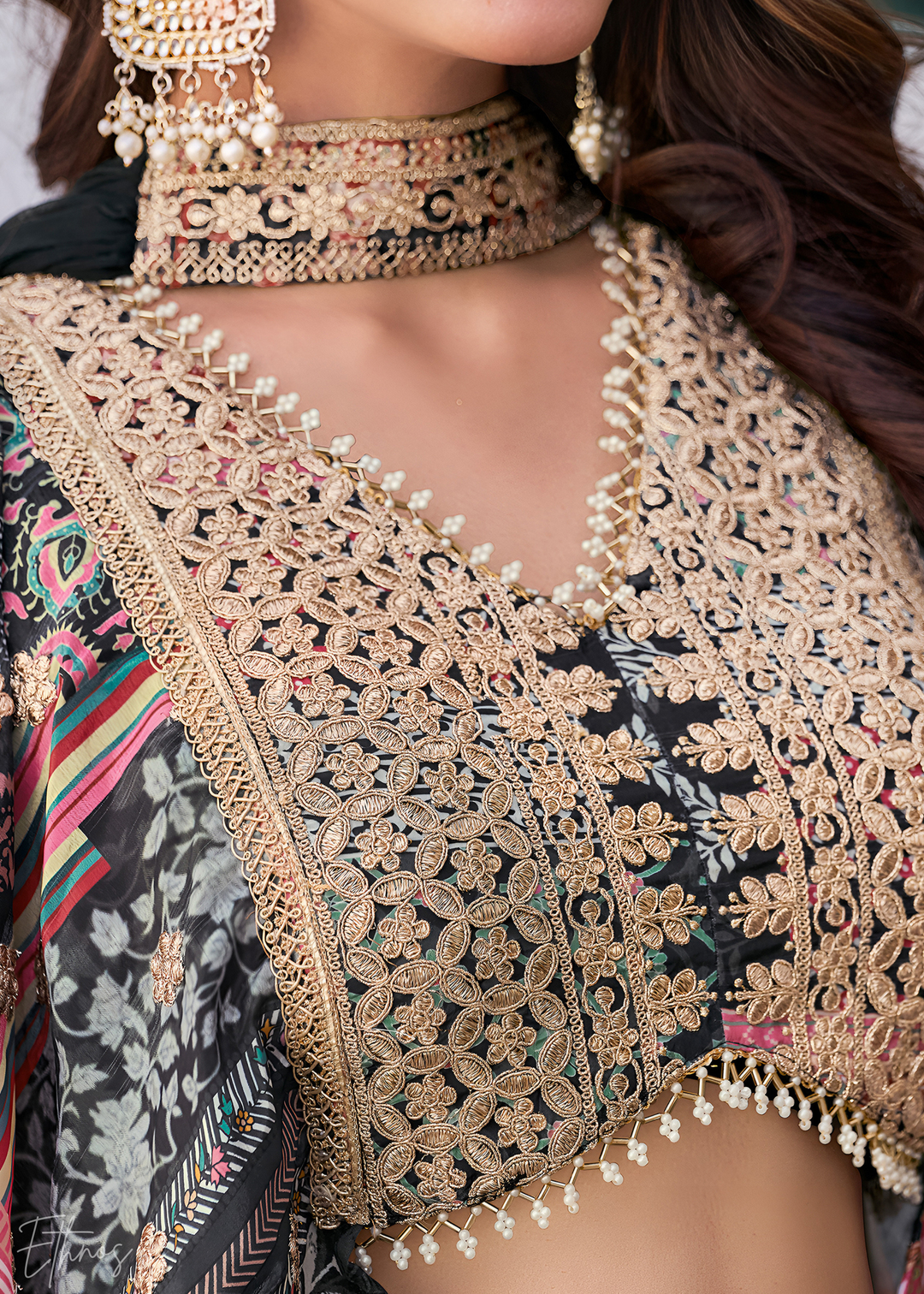 Black Printed Embroidered Chinon Silk Lehenga