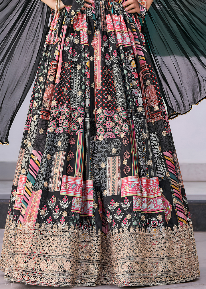 Black Printed Embroidered Chinon Silk Lehenga