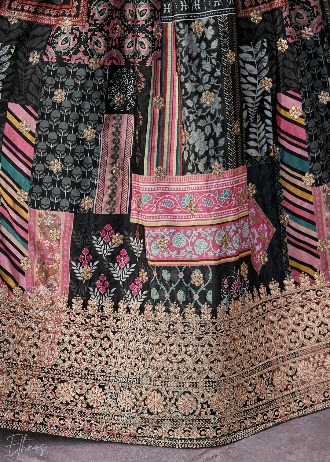 Black Printed Embroidered Chinon Silk Lehenga