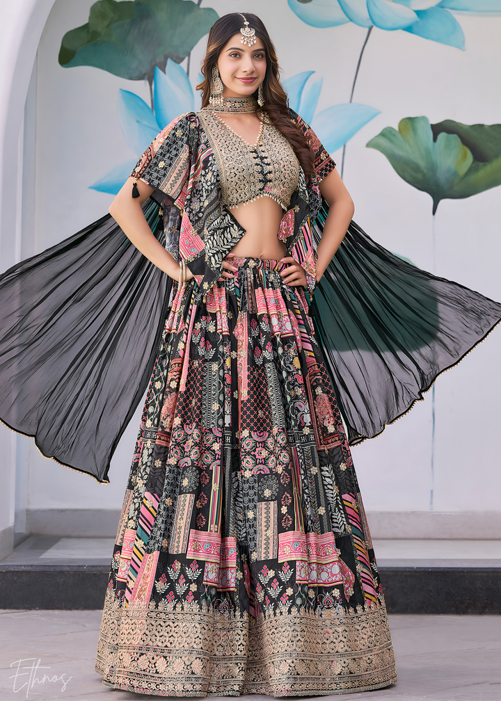 Black Printed Embroidered Chinon Silk Lehenga