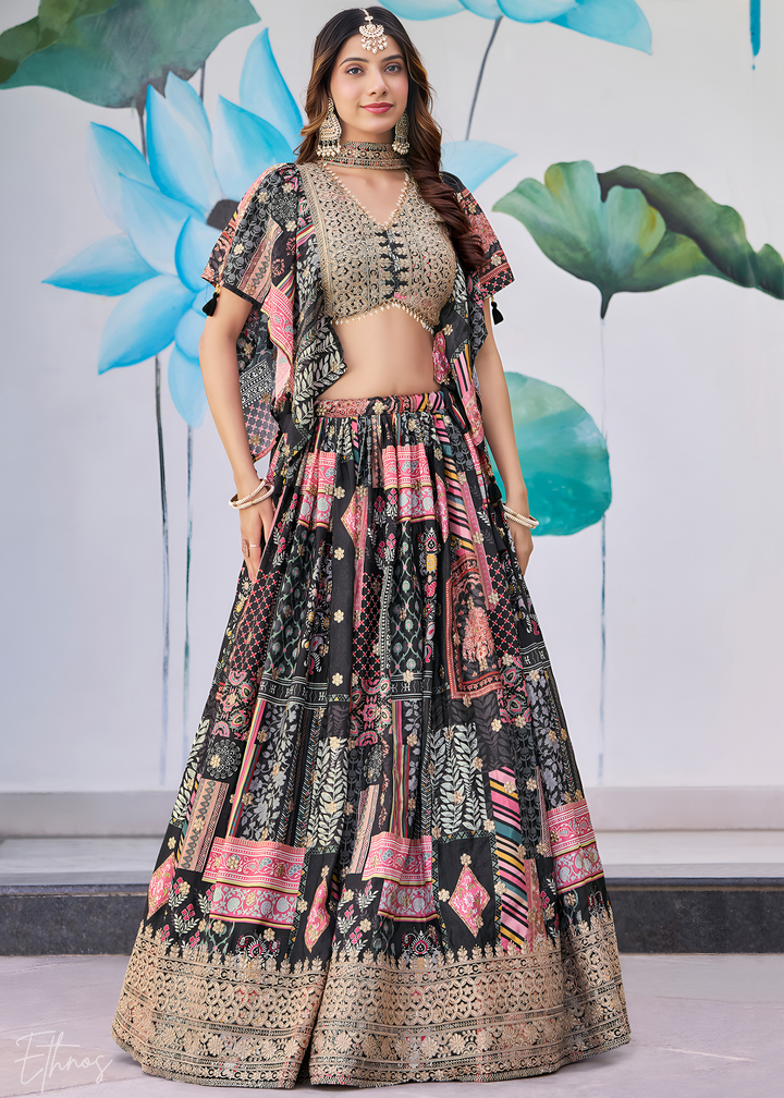 Black Printed Embroidered Chinon Silk Lehenga