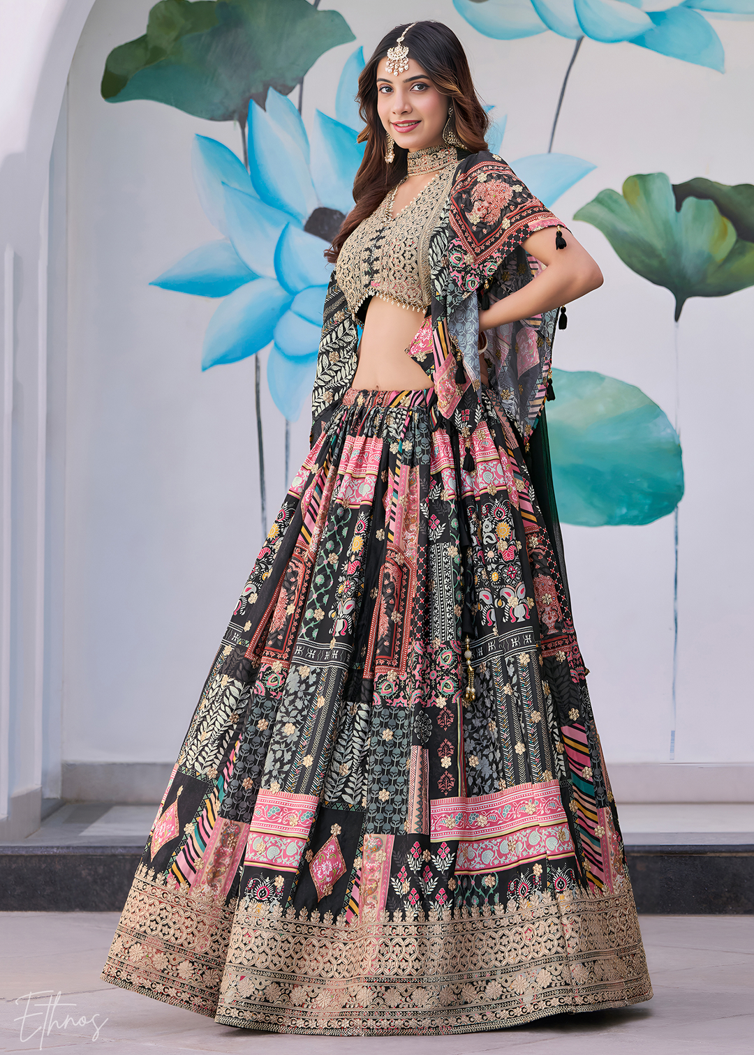 Black Printed Embroidered Chinon Silk Lehenga