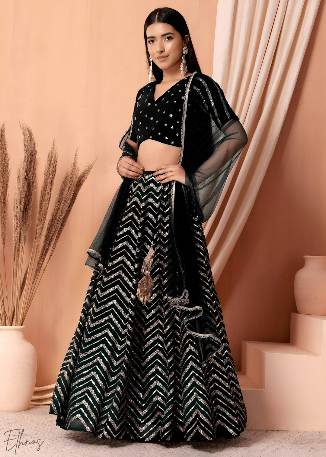 Black Sequins Chevron Georgette Lehenga