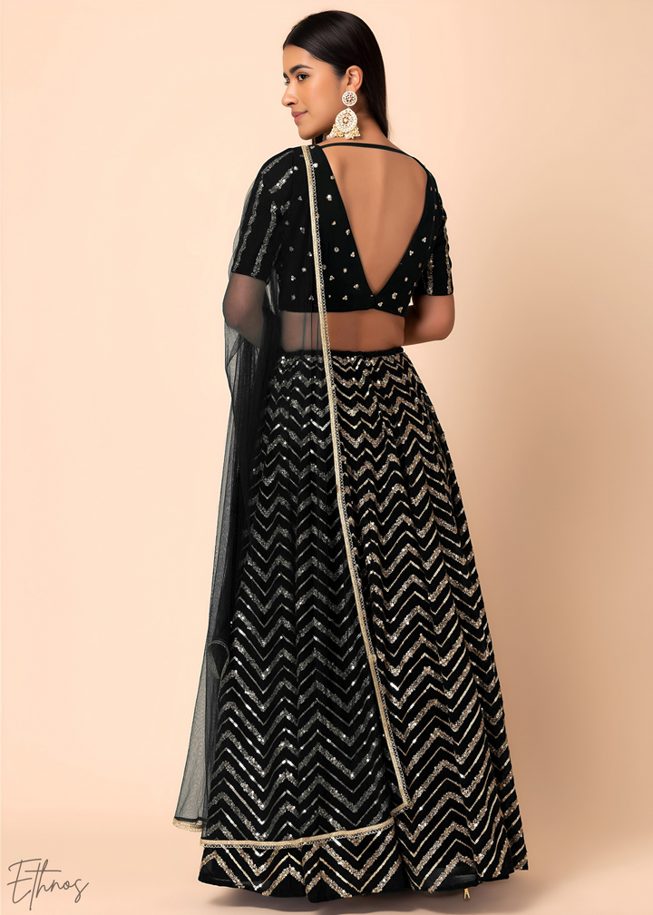 Black Sequins Chevron Georgette Lehenga