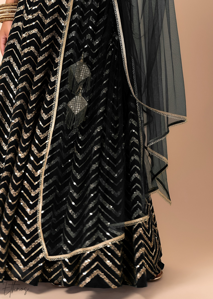 Black Sequins Chevron Georgette Lehenga