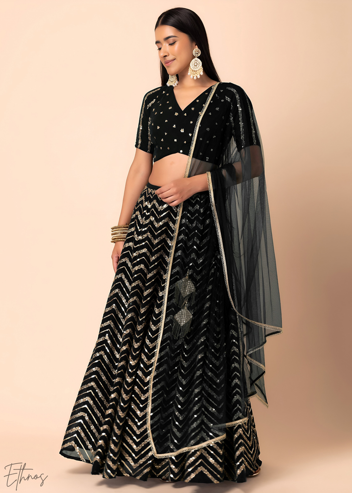 Black Sequins Chevron Georgette Lehenga