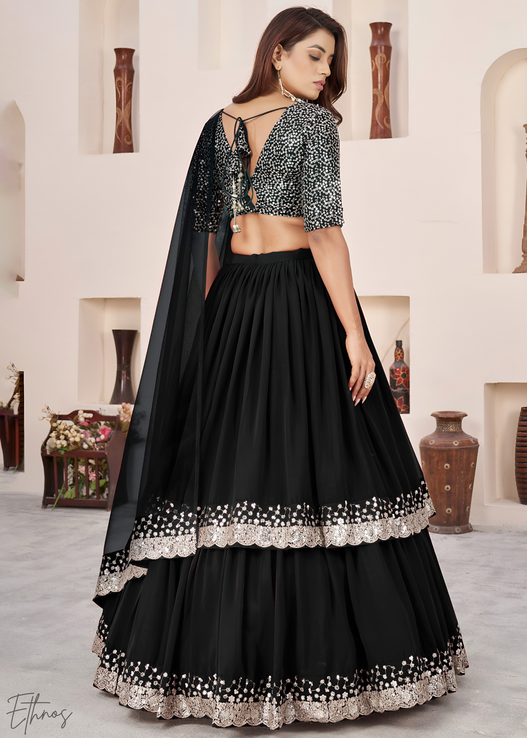 Black Sequins Georgette Lehenga