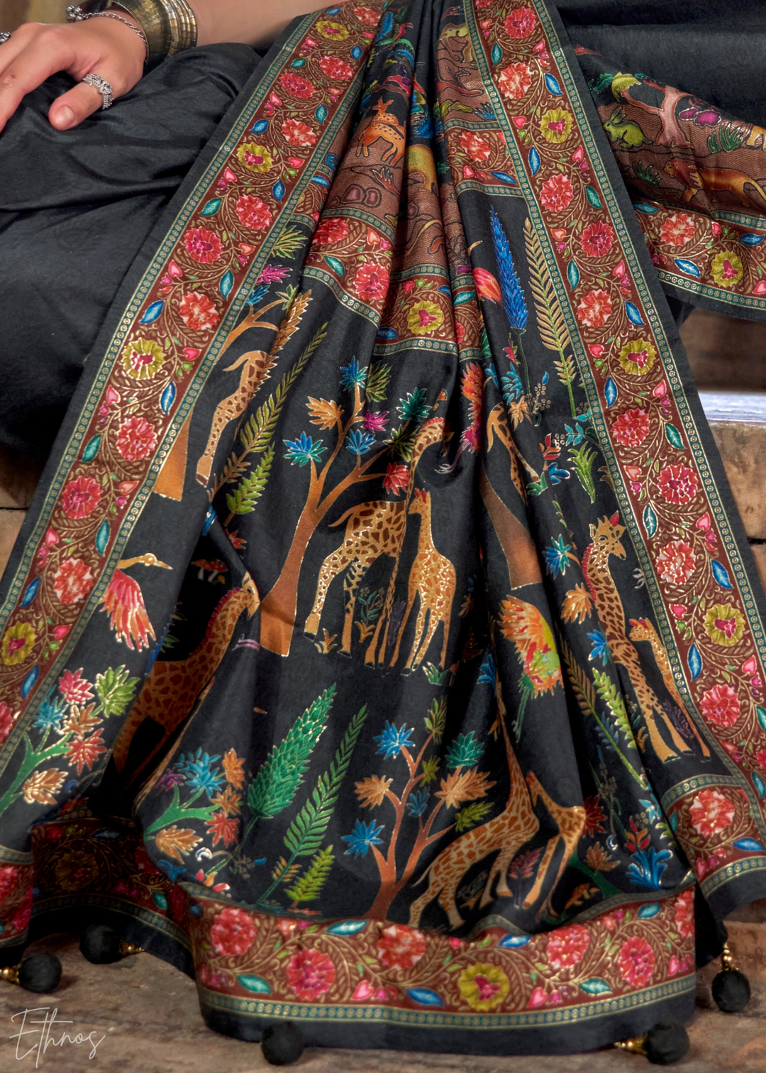 Black Serene Forest Silk Saree