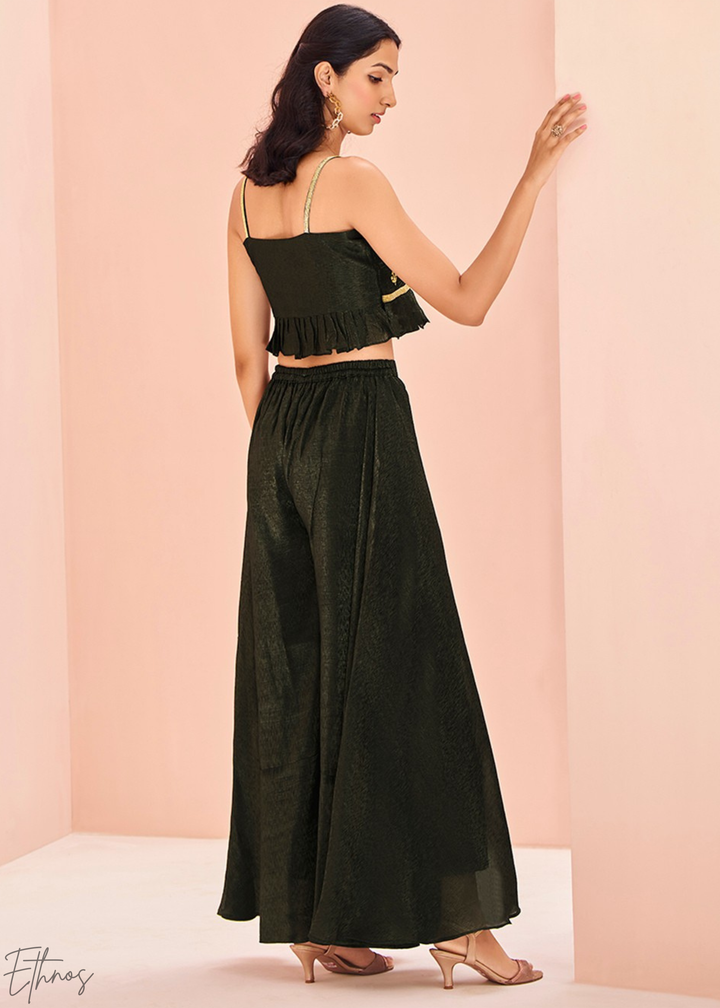 Black Embroidered Silk Crop Top Palazzo Suit