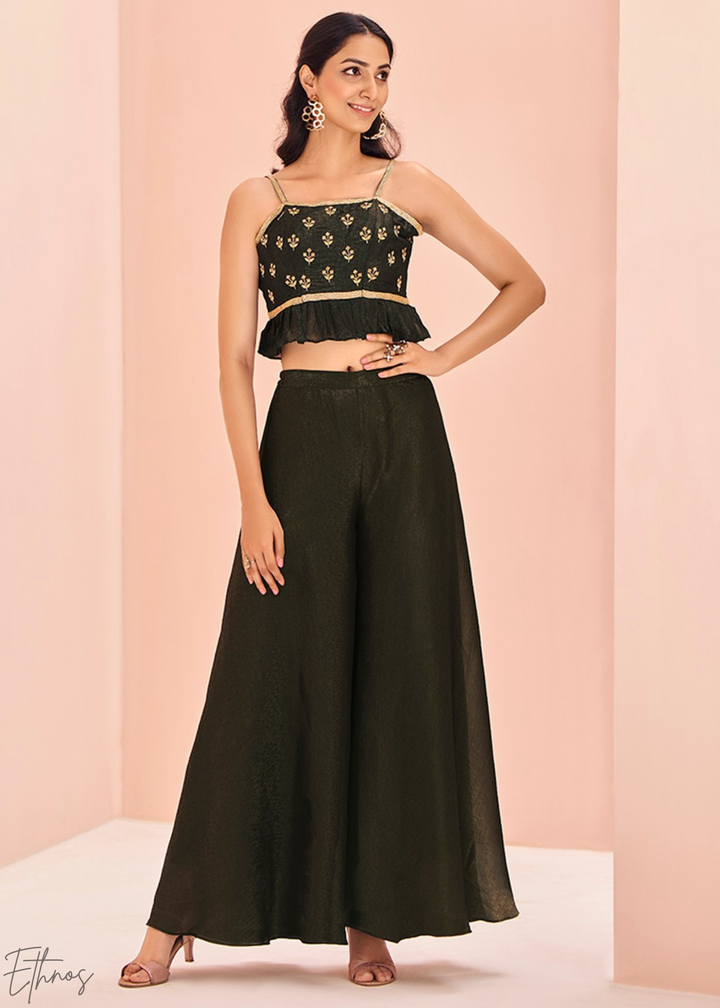 Black Embroidered Silk Crop Top Palazzo Suit