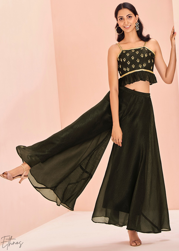 Black Embroidered Silk Crop Top Palazzo Suit