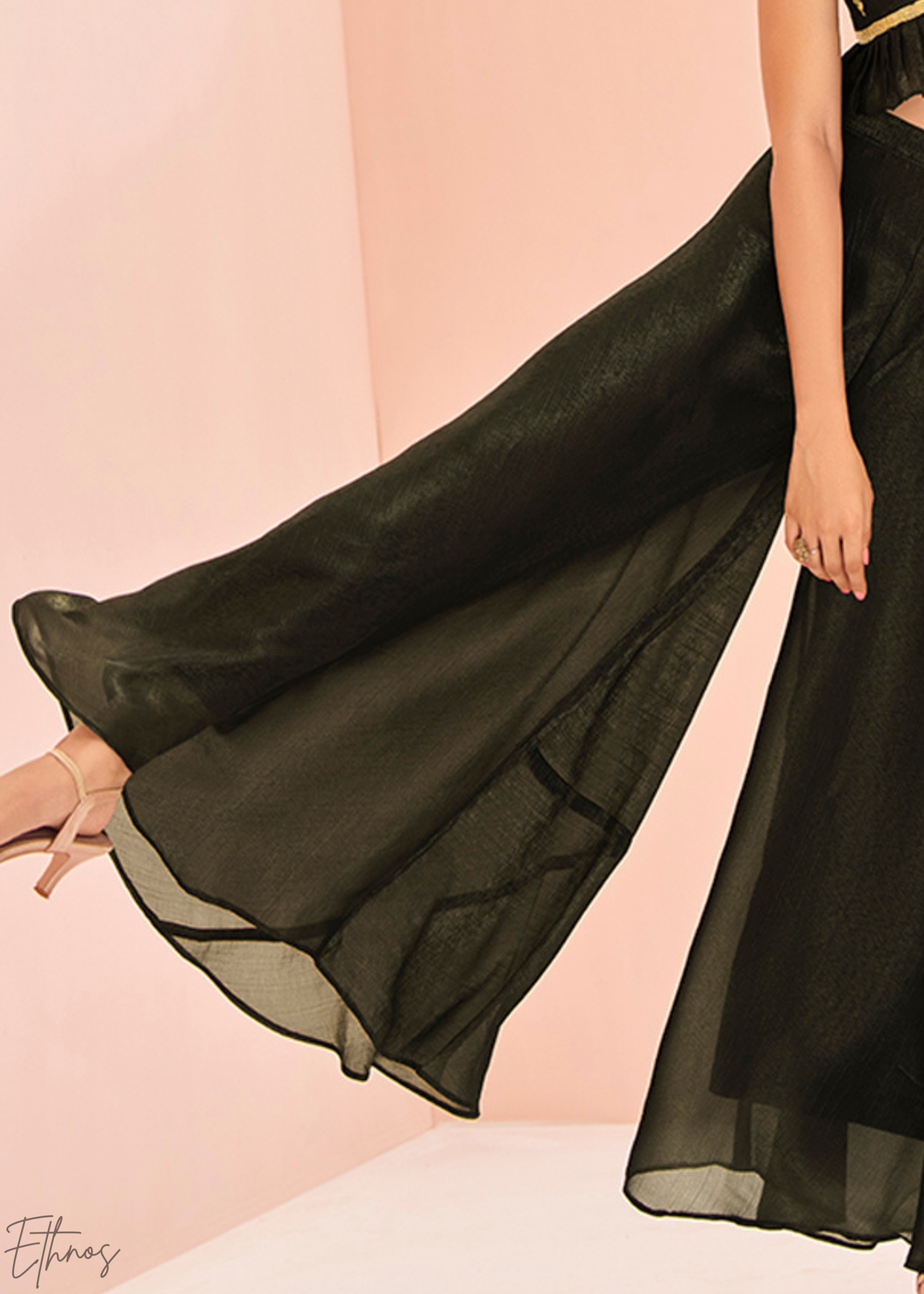 Black Embroidered Silk Crop Top Palazzo Suit