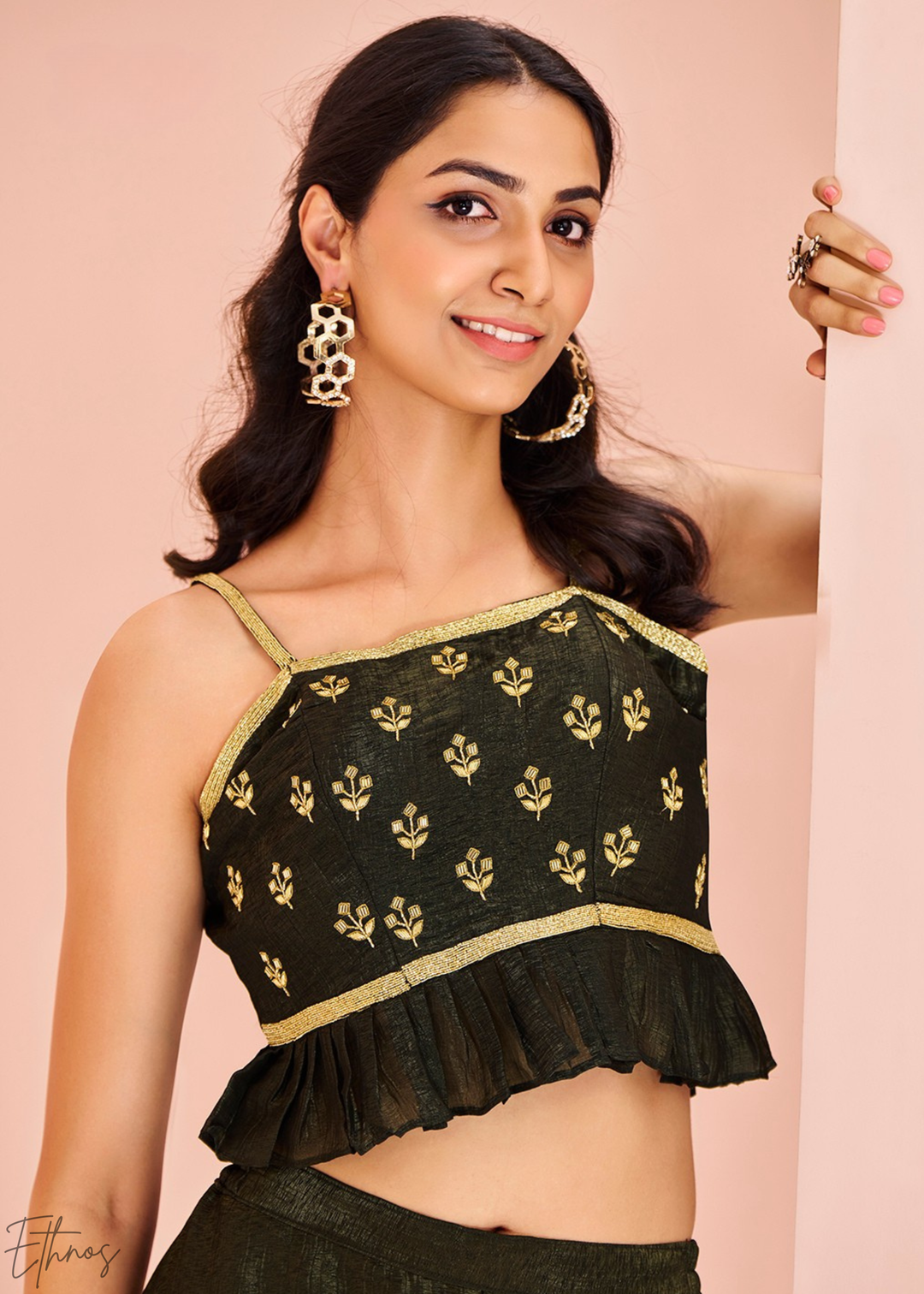 Black Embroidered Silk Crop Top Palazzo Suit