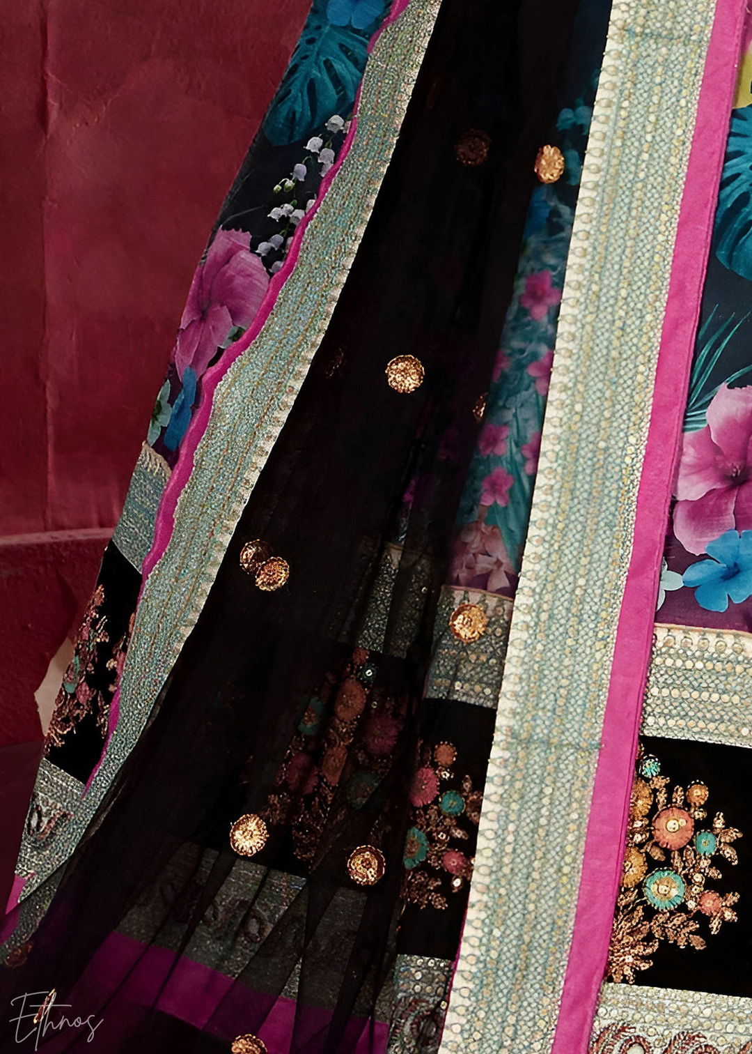 Deep Teal & Obsidian Zari Rose Silk Lehenga