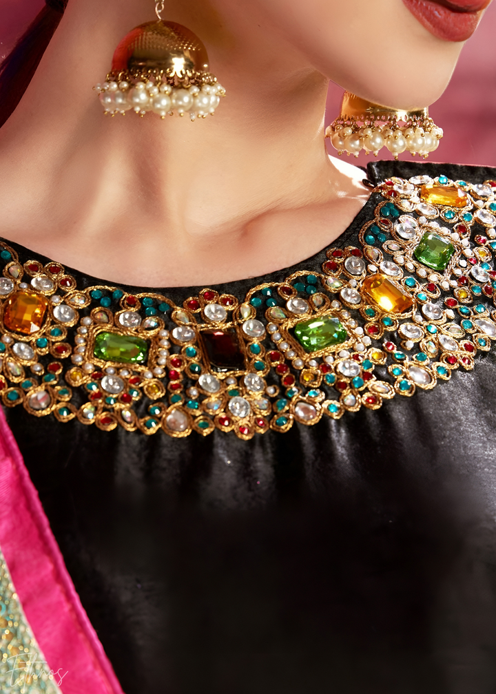 Deep Teal & Obsidian Zari Rose Silk Lehenga