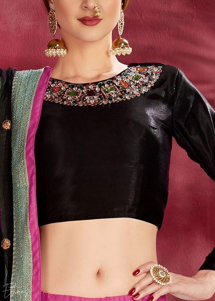 Deep Teal & Obsidian Zari Rose Silk Lehenga