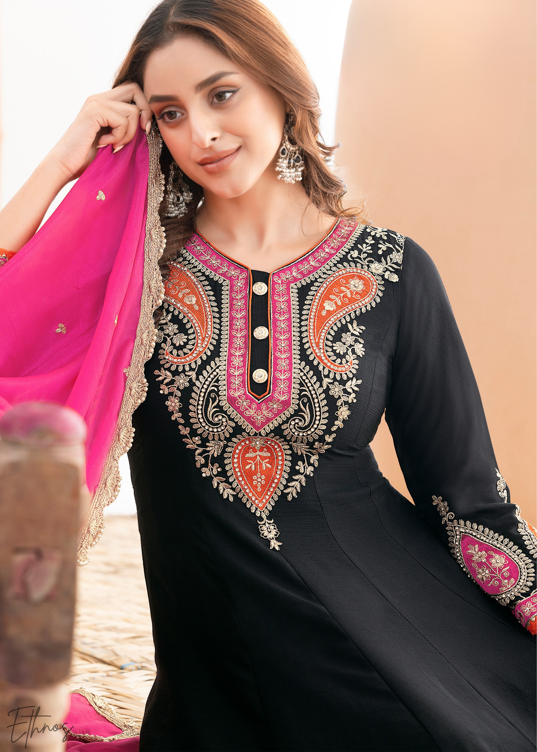Black Appliqué Chinon Anarkali Sharara Suit