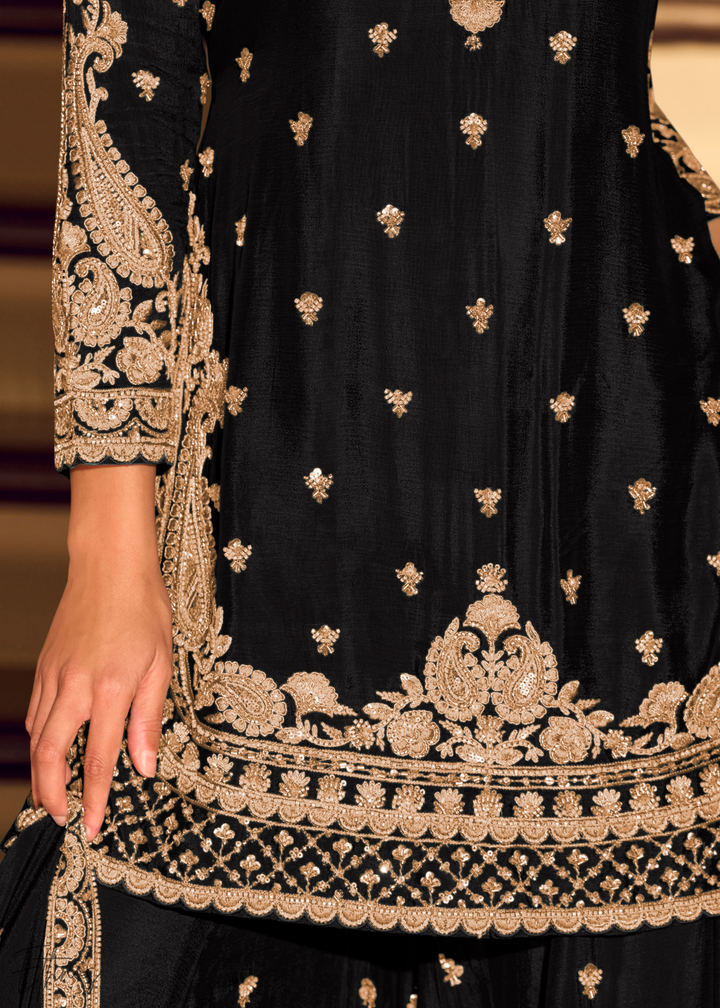 Black Chinon Silk Sharara Suit