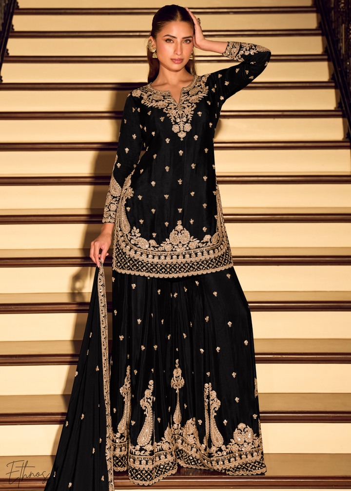 Black Chinon Silk Sharara Suit
