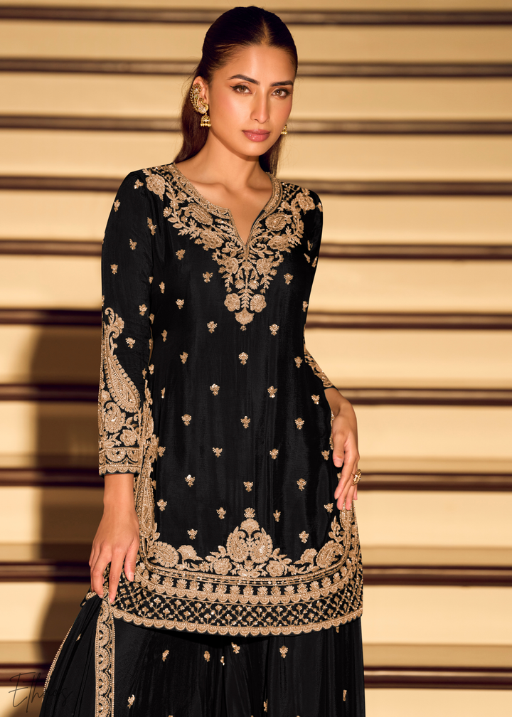 Black Chinon Silk Sharara Suit