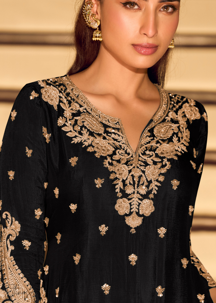 Black Chinon Silk Sharara Suit