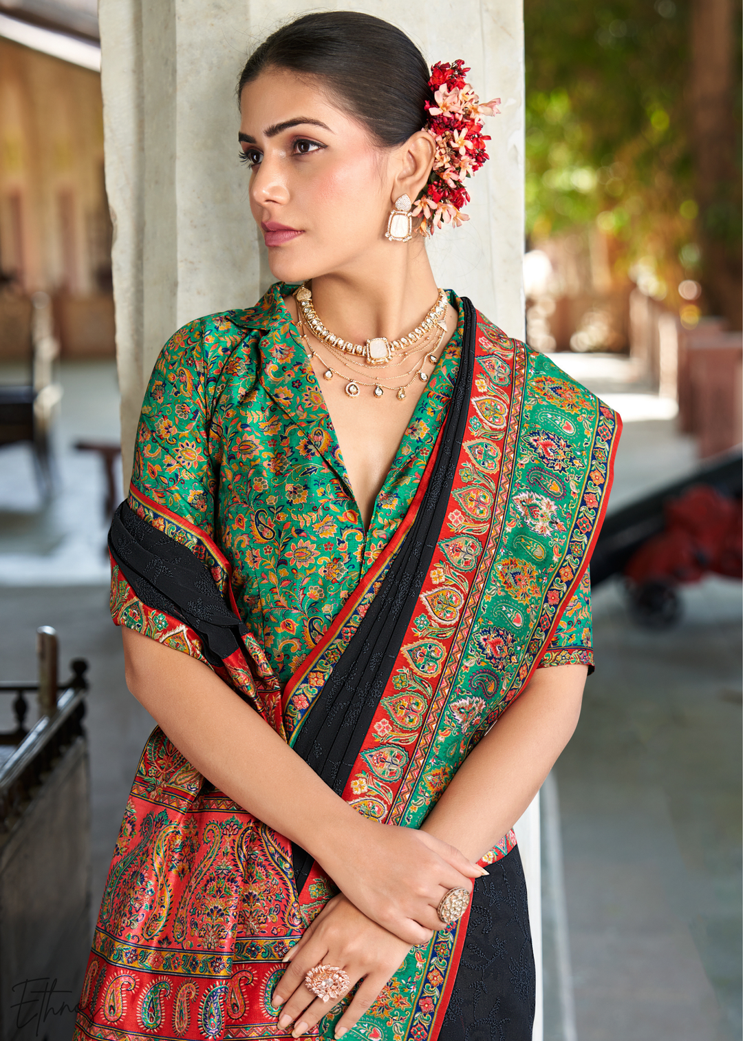 Black & Green Pashmina Woven Georgette Saree