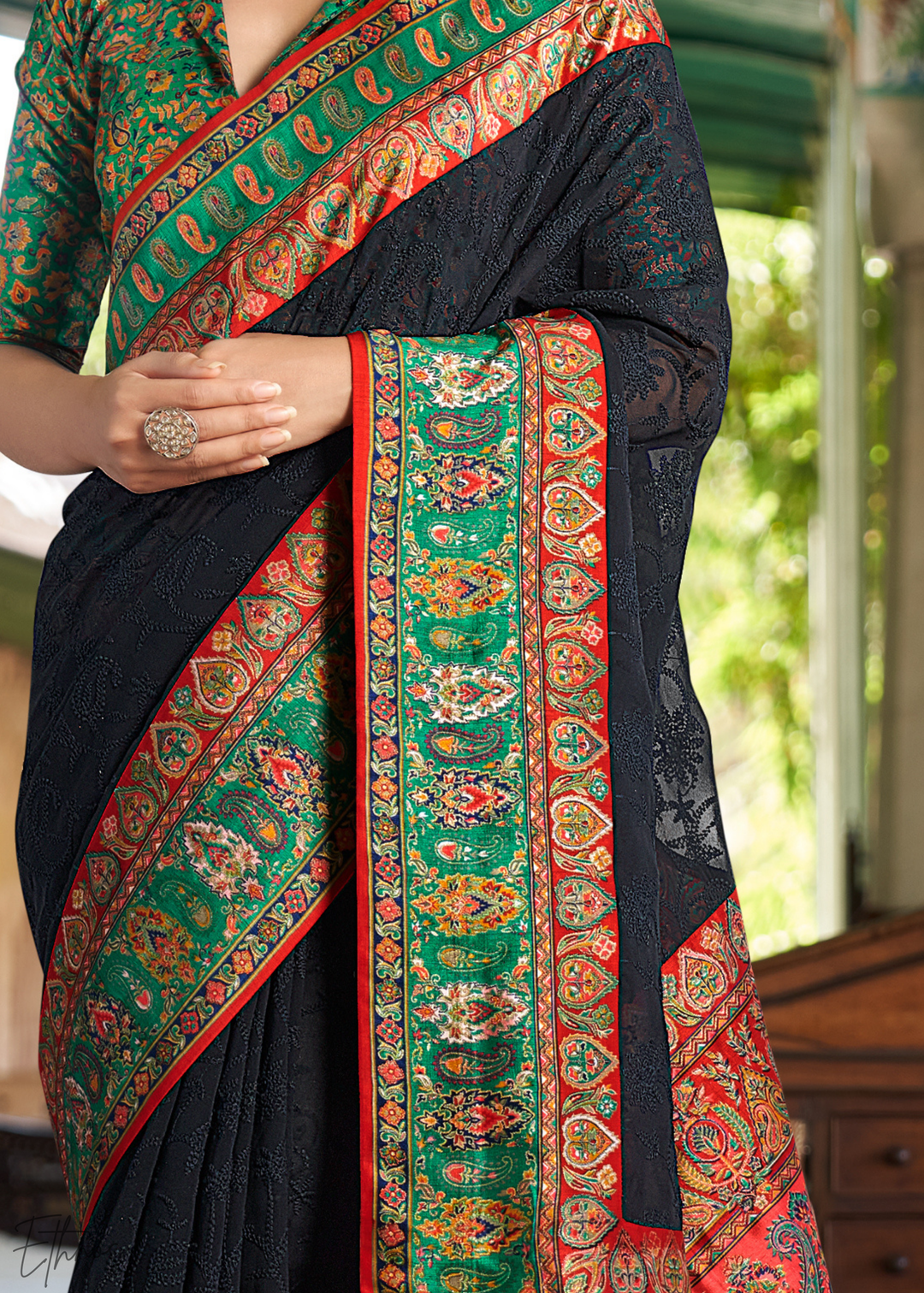 Black & Green Pashmina Woven Georgette Saree
