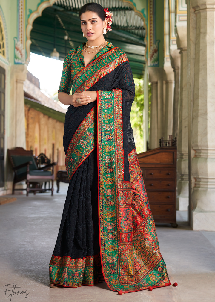 Black & Green Pashmina Woven Georgette Saree