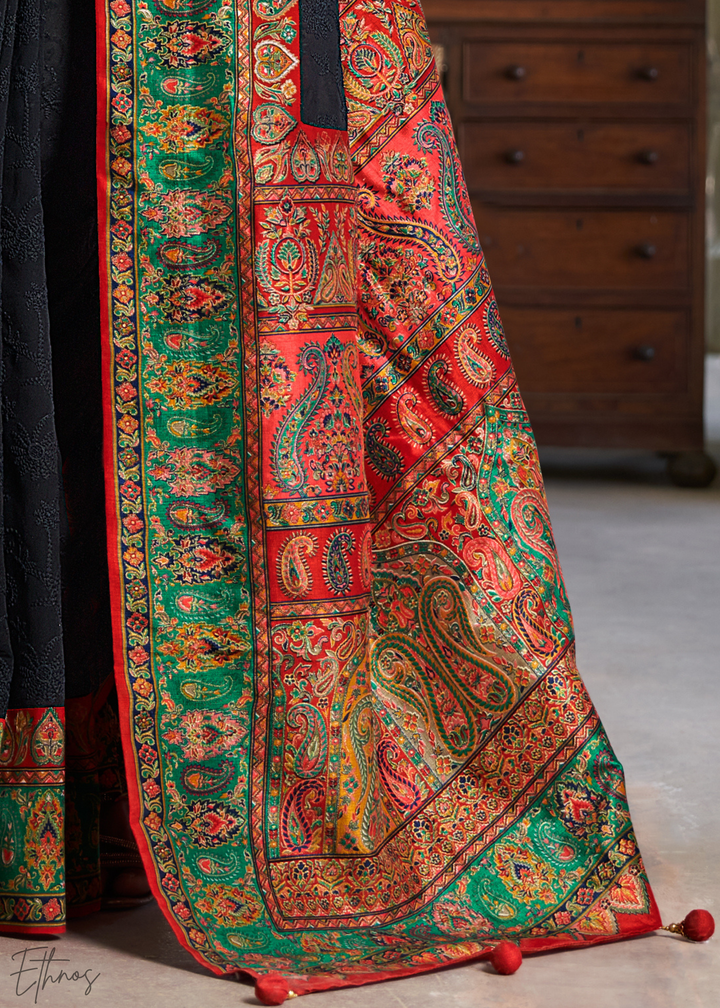 Black & Green Pashmina Woven Georgette Saree