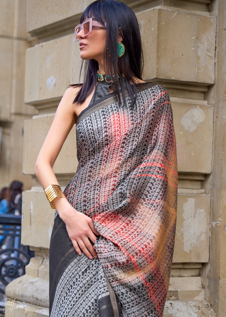 Black & Orange Printed Viscose Saree