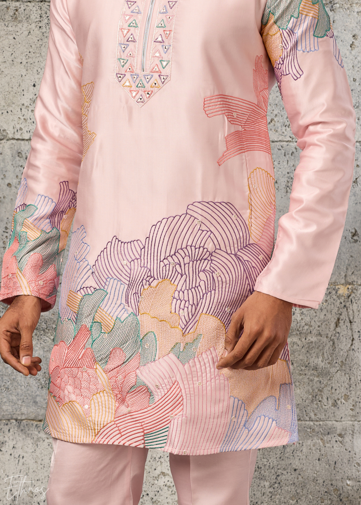Blossom Pink Abstract-Flora Silk Kurta Pajama Set