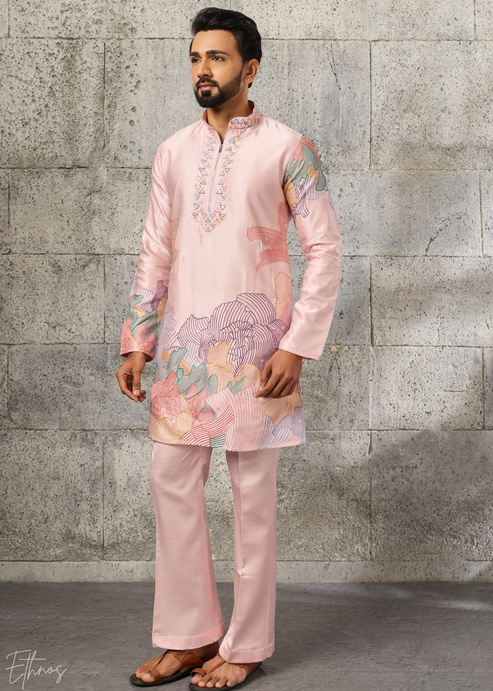 Blossom Pink Abstract-Flora Silk Kurta Pajama Set
