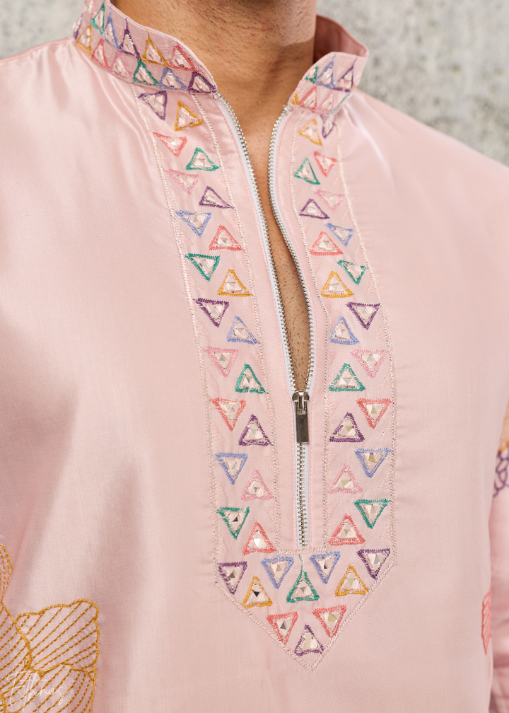 Blossom Pink Abstract-Flora Silk Kurta Pajama Set