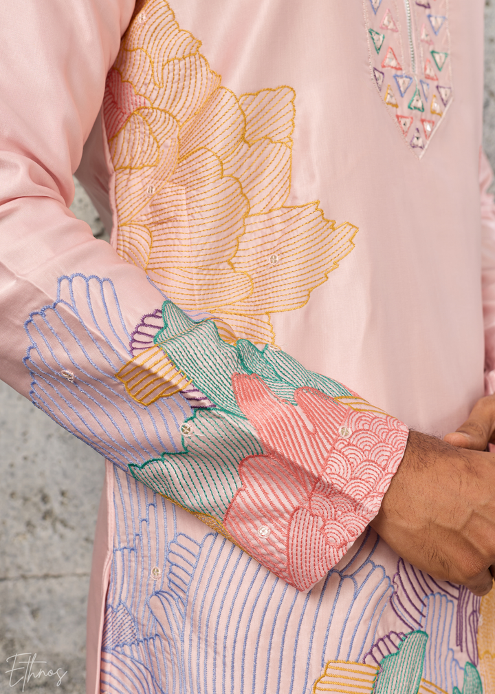 Blossom Pink Abstract-Flora Silk Kurta Pajama Set