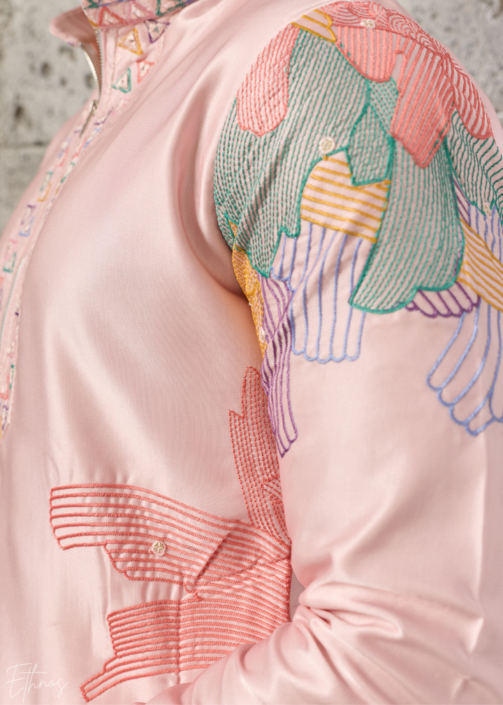 Blossom Pink Abstract-Flora Silk Kurta Pajama Set