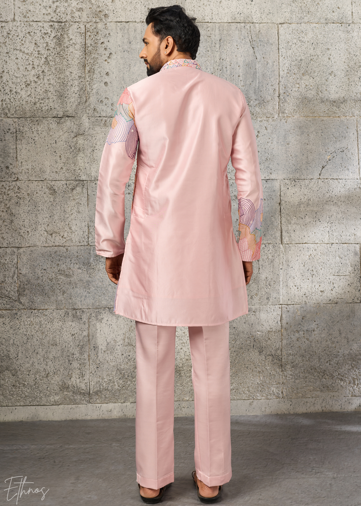 Blossom Pink Abstract-Flora Silk Kurta Pajama Set