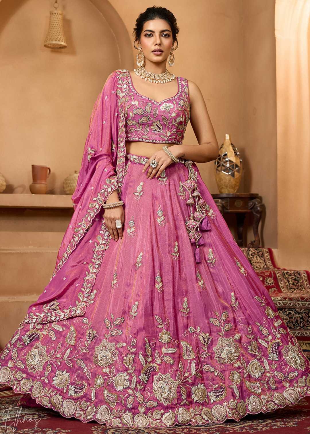 Blossom Pink Floral Zari Embroidered Tissue Lehenga Choli