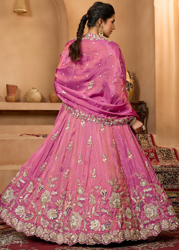 Blossom Pink Floral Zari Embroidered Tissue Lehenga Choli