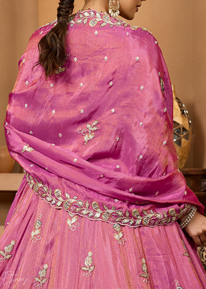 Blossom Pink Floral Zari Embroidered Tissue Lehenga Choli