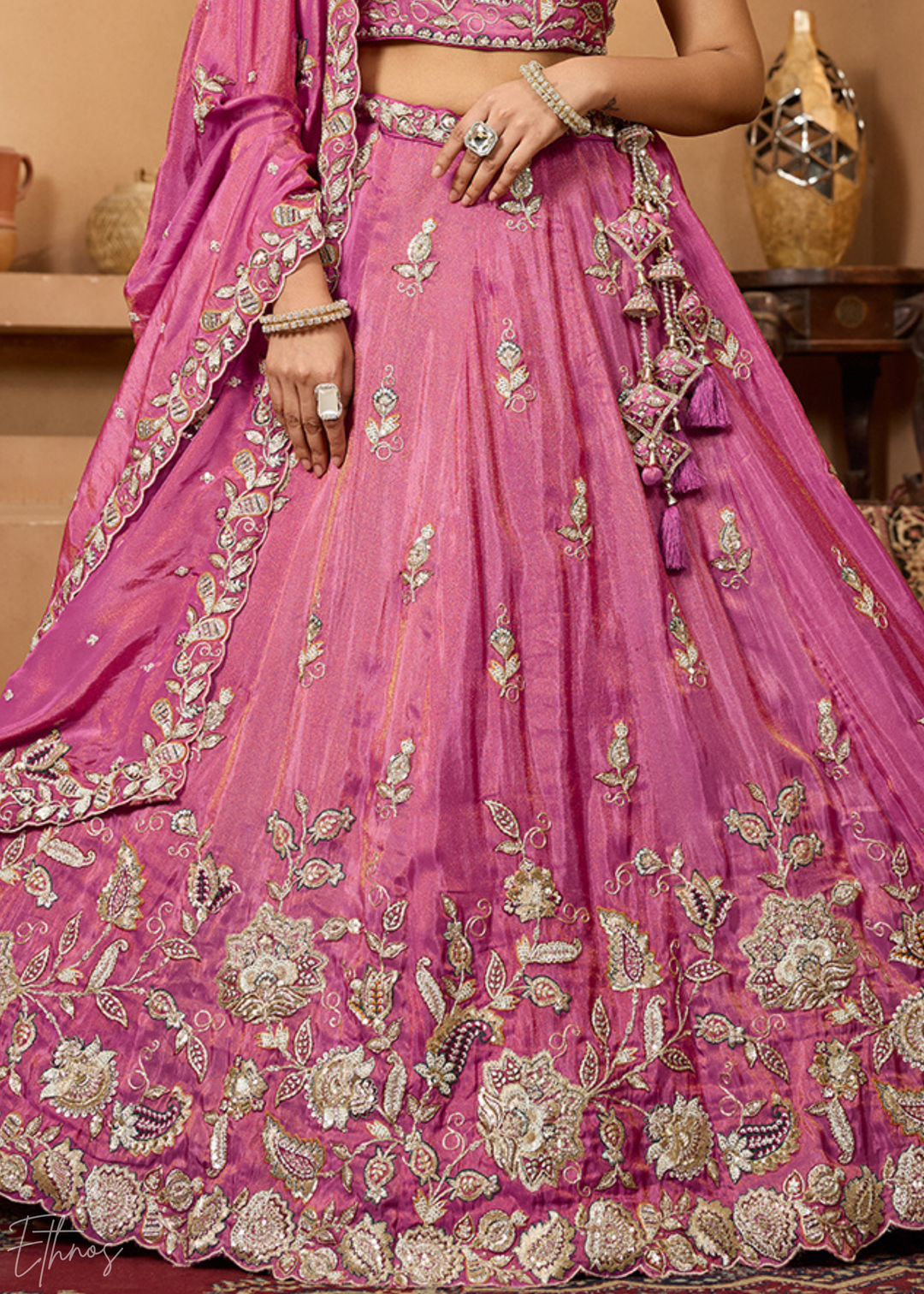 Blossom Pink Floral Zari Embroidered Tissue Lehenga Choli