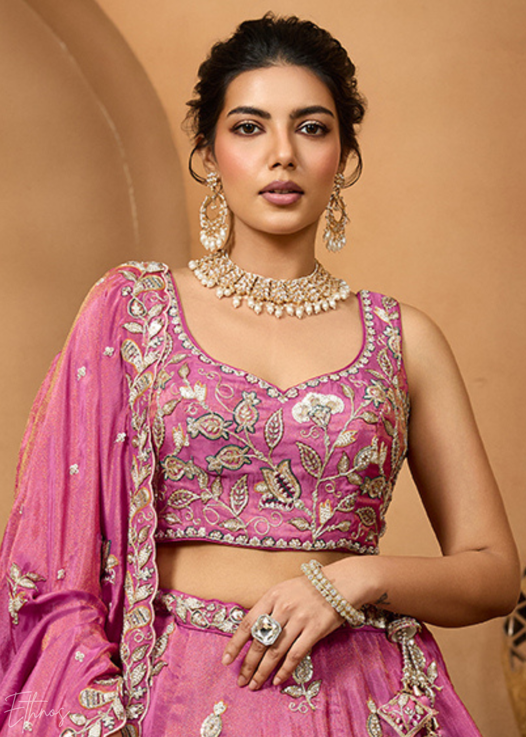 Blossom Pink Floral Zari Embroidered Tissue Lehenga Choli