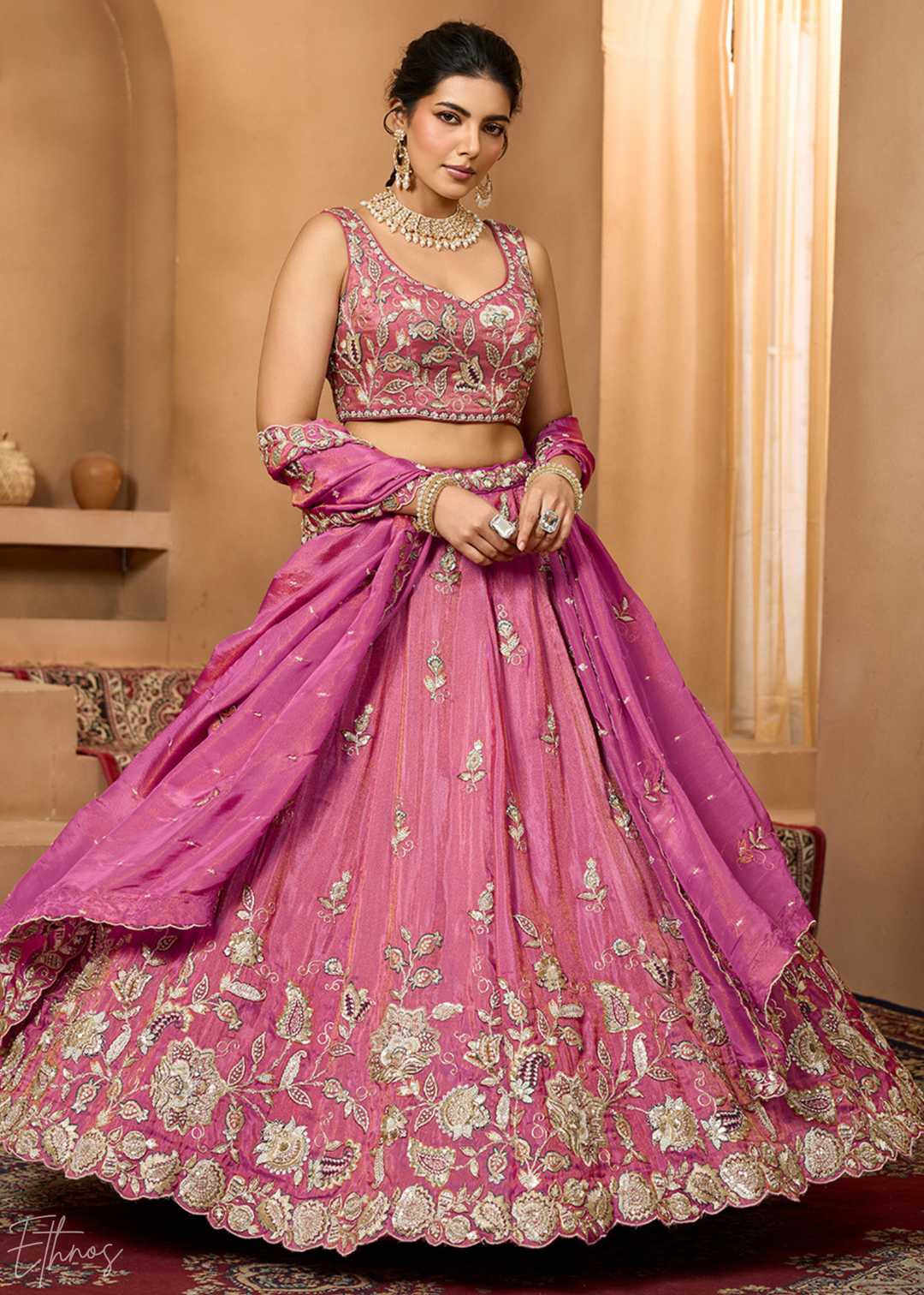 Blossom Pink Floral Zari Embroidered Tissue Lehenga Choli
