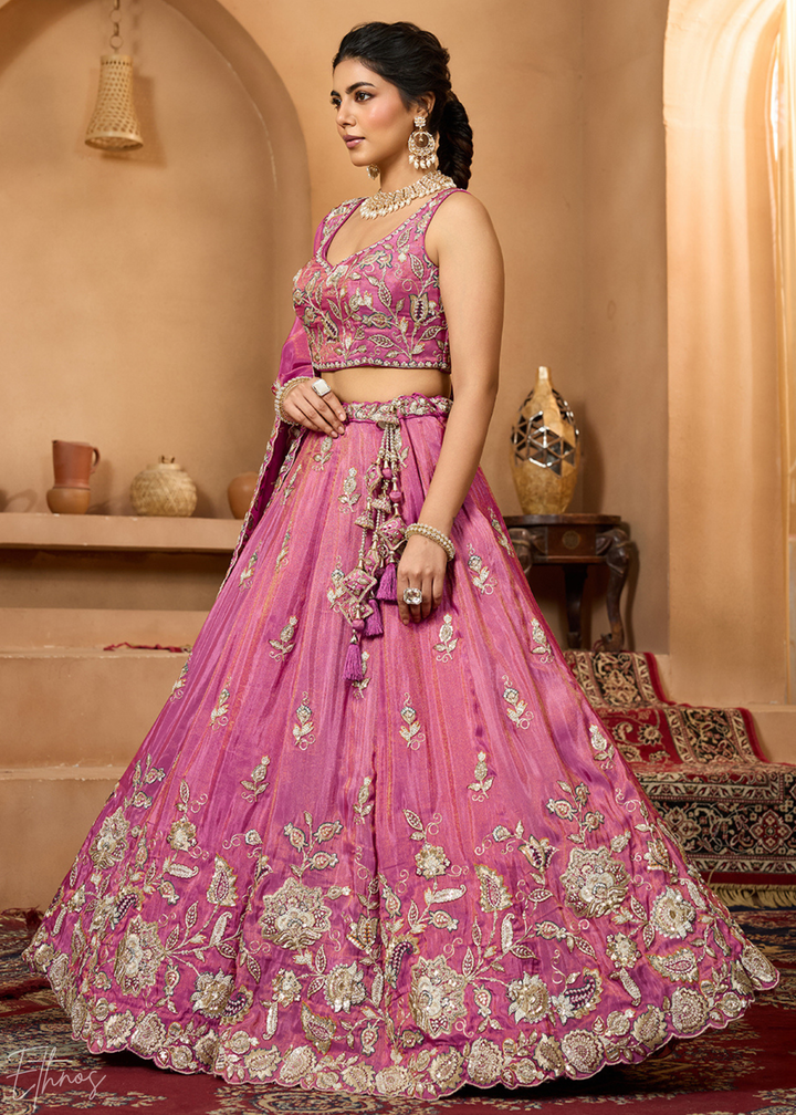Blossom Pink Floral Zari Embroidered Tissue Lehenga Choli