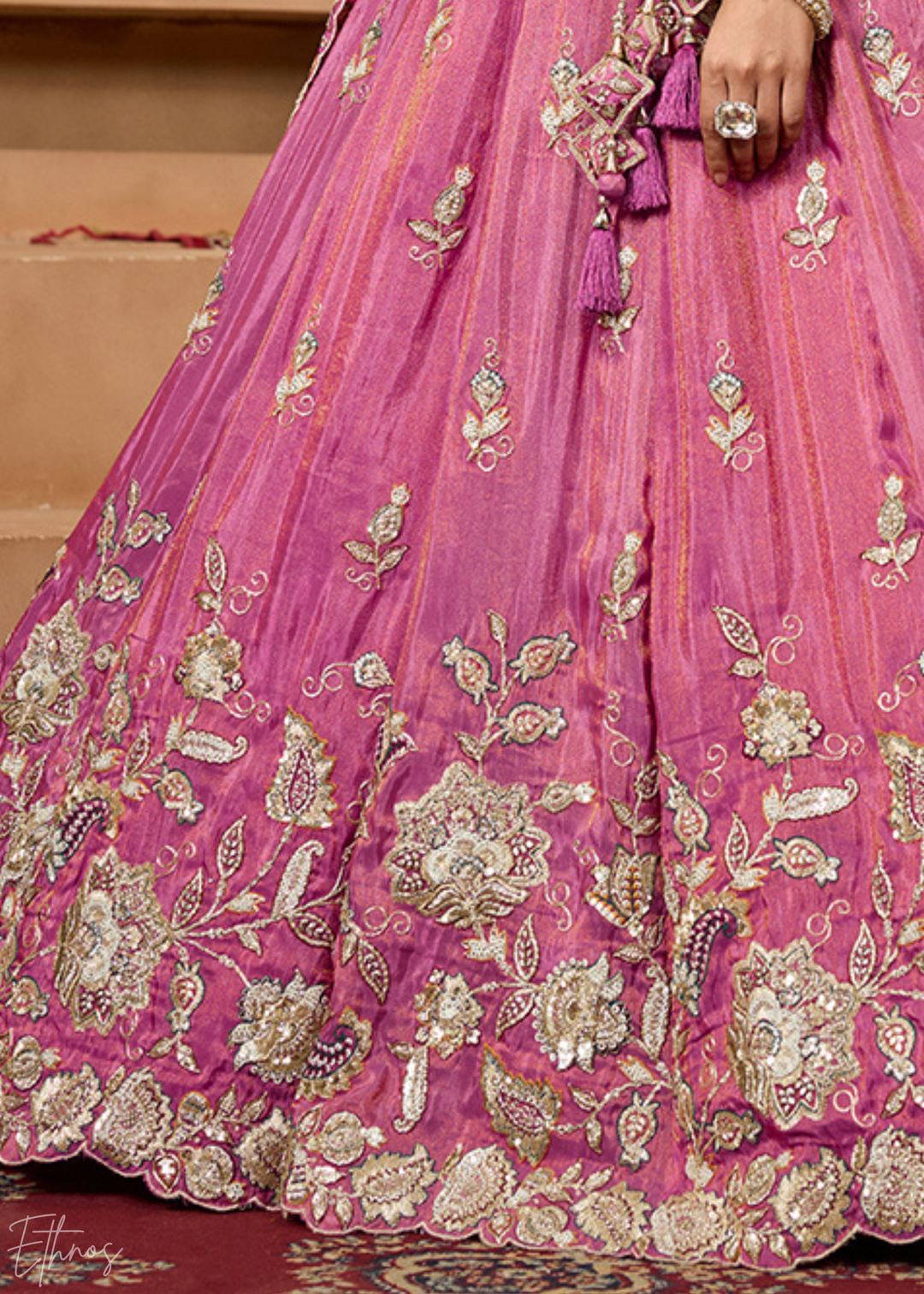 Blossom Pink Floral Zari Embroidered Tissue Lehenga Choli