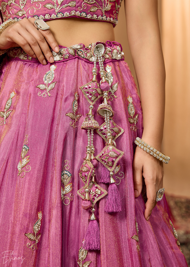 Blossom Pink Floral Zari Embroidered Tissue Lehenga Choli