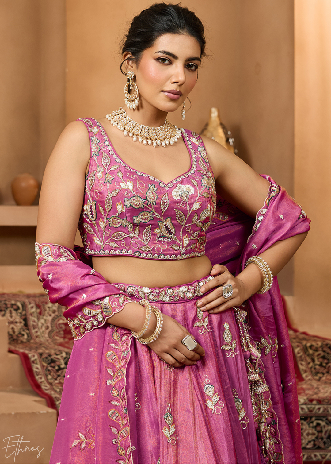 Blossom Pink Floral Zari Embroidered Tissue Lehenga Choli