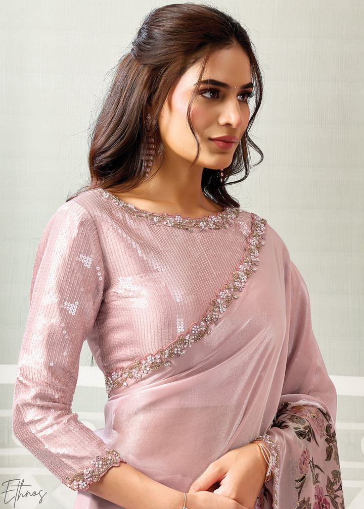 Blossom Pink Garden Print Satin Silk Saree